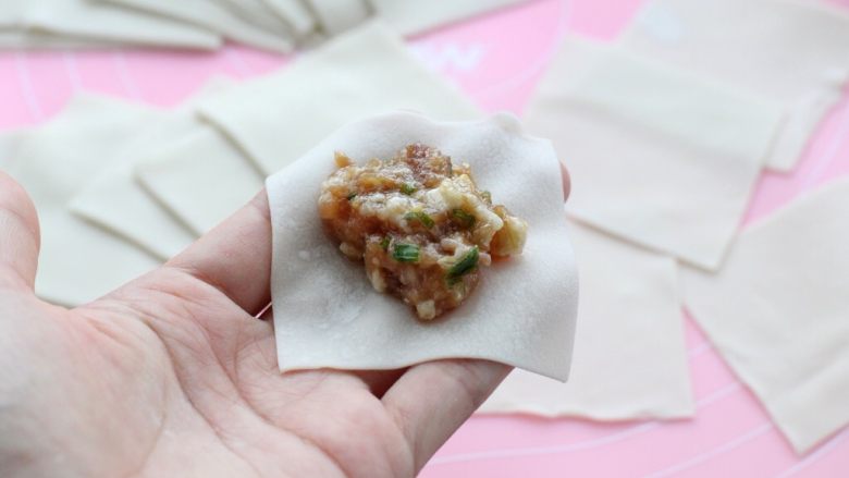 鲜肉大馄饨,取一张馄饨皮用左手托住，中间放上适量的馅料