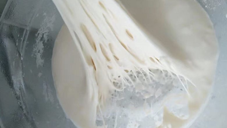 椰蓉酥粒排包—EAT风炉,用刮刀挑起,波兰种里面布满大小不一的丝窝,状态就刚好可以用了。