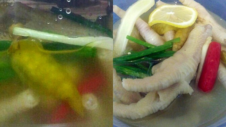 待客泡椒凤爪升级版,装盒,最后放葱,柠檬。也可以放一个器具里泡一段时间再分装。