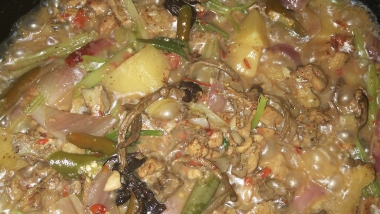 麻辣鸡煲,锅里炖到一个小时~放洋葱后再炖15分钟把辣椒~芹菜放进去炖几分钟