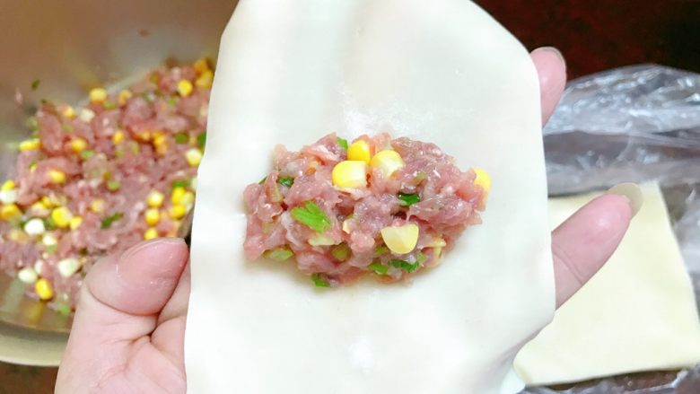 生煎饺子,取一张饺子皮,放入适量肉馅在中间。皮四边抹<a style='color:red;display:inline-block;' href='/shicai/ 156925'>水</a>。