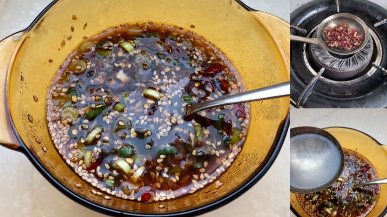 快手正餐 蒜蓉凉拌手撕茄子,准备调味料:碗中放入蒜蓉、姜末、葱末、熟白芝麻和辣椒丝,加入三勺<a style='color:red;display:inline-block;' href='/shicai/ 788'>生抽</a>、一勺<a style='color:red;display:inline-block;' href='/shicai/ 768'>香醋</a>、一小勺<a style='color:red;display:inline-block;' href='/shicai/ 3729'>白糖</a>,一点<a style='color:red;display:inline-block;' href='/shicai/ 756'>鸡精</a>,适量纯净水或凉开水,搅拌均匀尝下咸淡,根据个人口味加入适量食盐。取一不锈钢小勺,加入适量食用油,小火加热油温热,加入花椒炸香,把花椒捞出,花椒油烧到八成热,浇到碗中。如果觉得这样麻烦的小伙伴,可以直接在碗中加入小磨香油,也很好吃😋