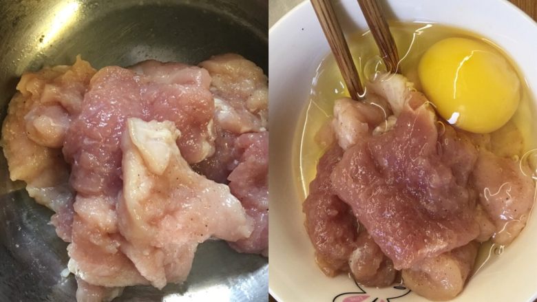菠萝咕噜肉,将肉肉加入料酒，白胡椒粉，姜粉，盐腌制半小时，加入<a style='color:red;display:inline-block;' href='/shicai/ 9'>鸡蛋</a>搅拌均匀。
