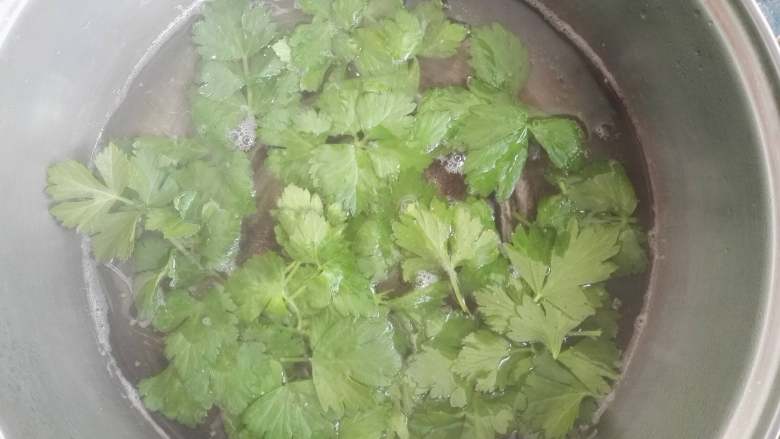 豆腐卷,芹菜叶洗净后,放入锅中焯一下,捞出放清水中备用。