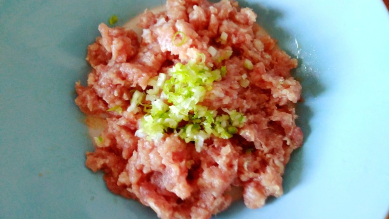 萝卜缨猪肉馅包子,肉馅和葱花,食用油放入盆里