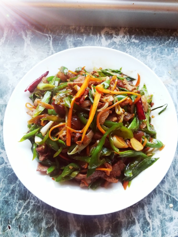 三丝青椒炒肉,最后装入盘子就可以吃啦