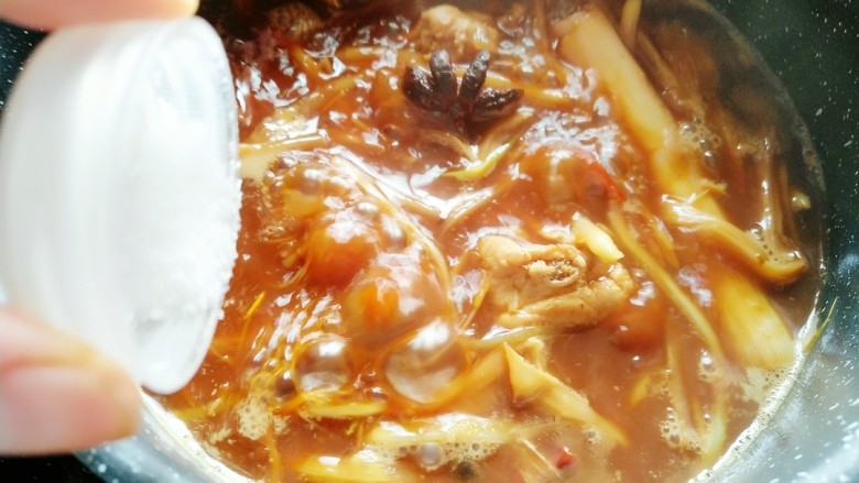 黄花菜烧排骨,根据自己口味加入一点点食盐,也可最后在放(豆豉、酱油、老抽都是咸的所以一定先尝一下汤的咸淡在放盐)。
