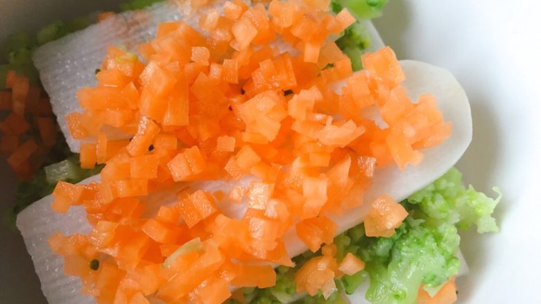宝宝辅食餐山药蔬菜鸡蛋糕,容器里抹一层食用油,第一层放山药,铺一层西兰花,再铺一层山药,再铺一层胡萝卜碎,材料铺完即可