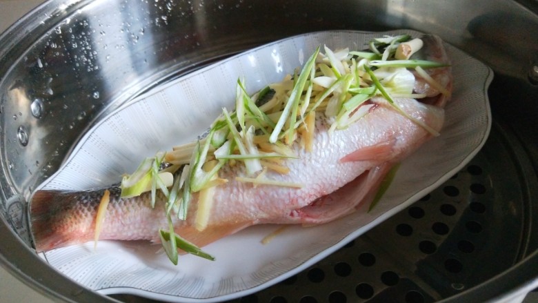 新文美食 耗油蒸鲈鱼,放入蒸锅中。