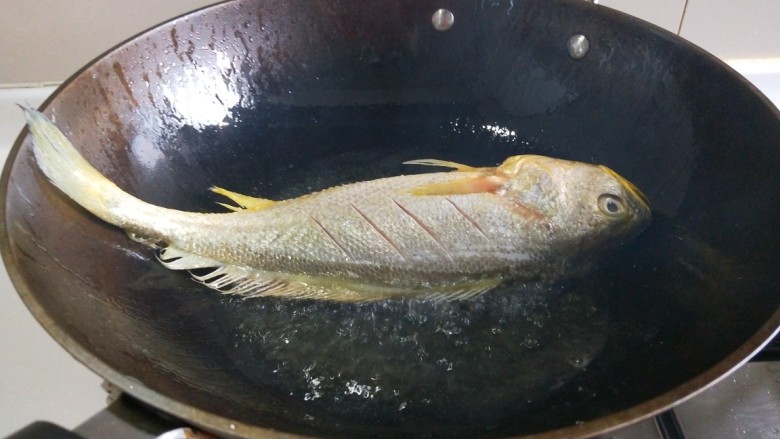 新文美食 红烧黄花鱼,锅中放适量油烧七成热,放入黄花鱼。