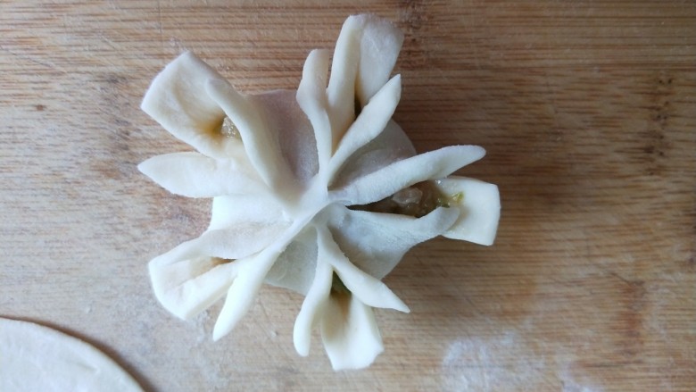 新文美食 菊花生煎饺,在用剪刀把花瓣剪两刀,菊花就做好了。