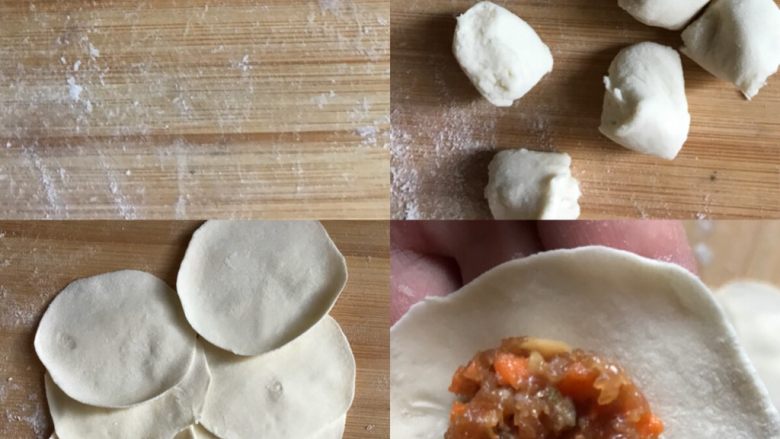 饺子这样做,端上桌肯定倍有面子!,6.面团揉均匀,下剂子,擀成圆形皮,包上调好的香菇胡萝卜肉馅