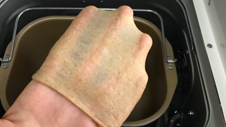 黑麦核桃枸杞面包,接着揉20分钟至扩展阶段,可以拉出薄膜。