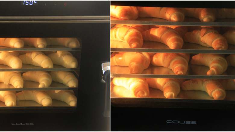日式盐卷面包,COUSS CO-960S商用热风电烤箱,提前150度预热好,4层烤盘同时放入,烘烤约25分钟。