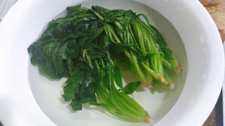 小猪吃草,凉水浸泡菠菜片刻后吸去水分,切碎放调料拌好装盘。