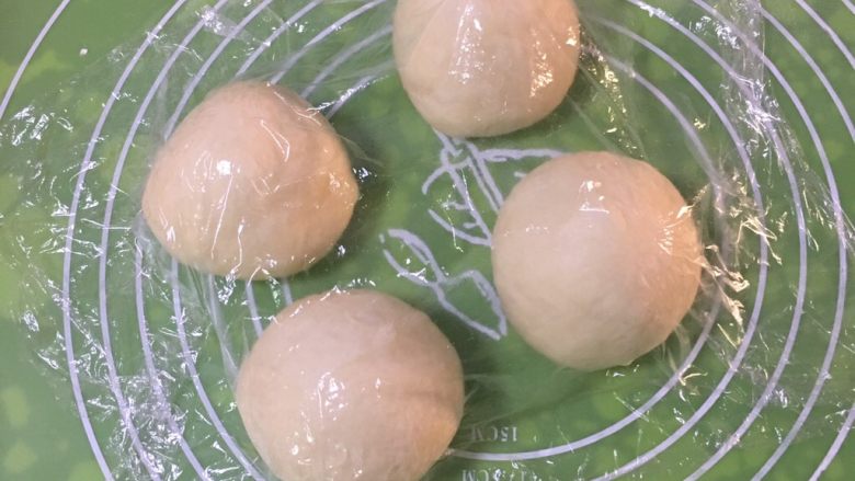 椰蓉叶子面包,分成四个剂子,盖上保鲜膜静置20分钟。