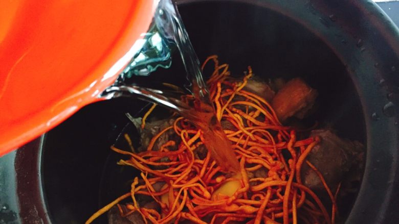 秋季煲汤+虫草花煲鸭汤,注入清水,