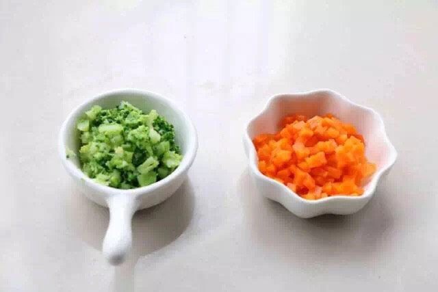 土豆煎饼,胡萝卜、西兰花焯水,切成小丁;
