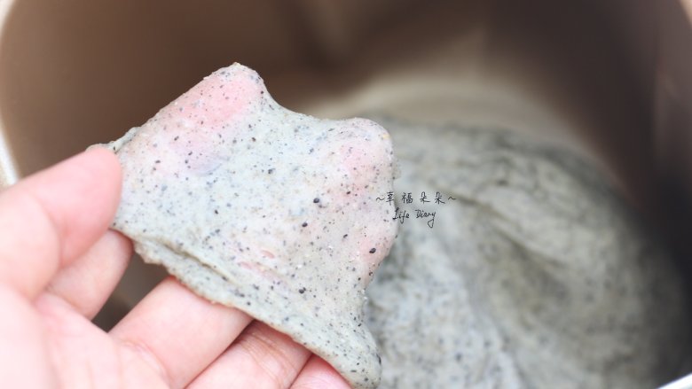 可爱的龙猫面包,面包机运行了3个和面程序后,面团能拉出薄膜,和面完成