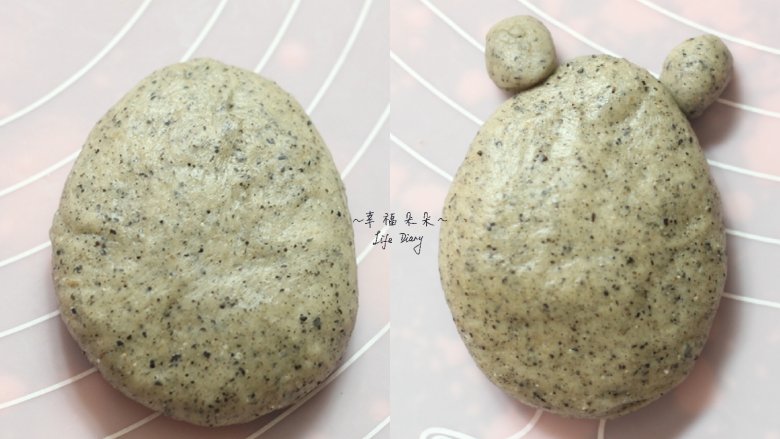 可爱的龙猫面包,然后将松弛后的12个小面团整理成上半部分略小于下半部分的鸡蛋形状,并将步骤17做好的龙猫耳朵组装在合适位置