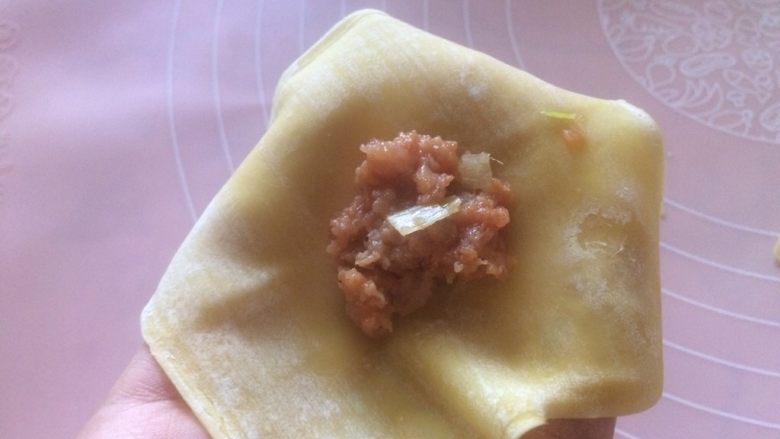 猪肉蔬菜馅馄饨,取一片混沌片,中间放入适量猪肉馅;