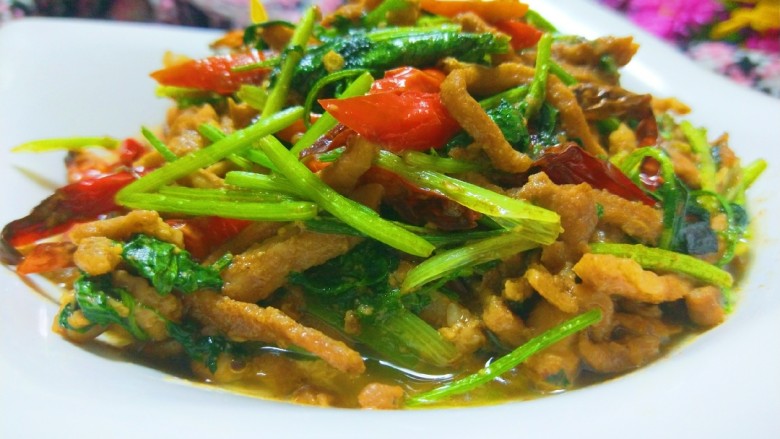 新文美食 香菜肉丝,成品图
