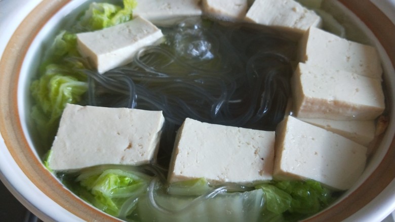 新文美食 猪肉丸子粉条煮白菜,砂锅加入适量水烧开,放入大白菜,<a style='color:red;display:inline-block;' href='/shicai/ 9017'>红薯粉条</a>,豆腐煮开。