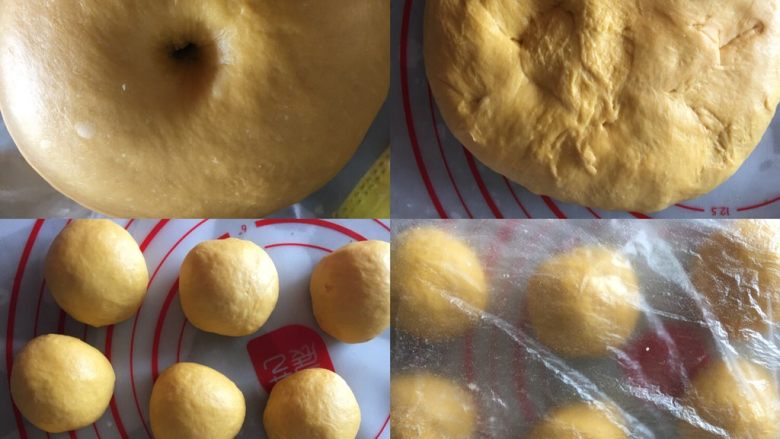 南瓜面包奶棒,将揉好的面团盖保鲜膜室温发酵45分钟左右,手指按一下不回缩不塌陷就可以了,发酵好进行排气,分成10个均匀的小面团,揉圆盖保鲜膜静置15分钟