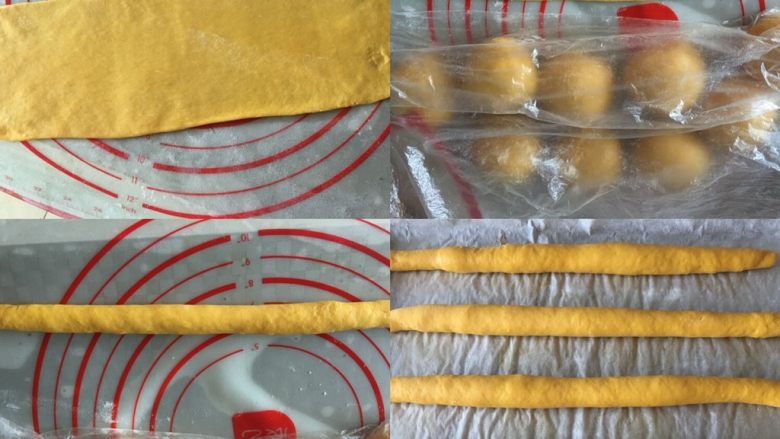 南瓜面包奶棒,取一小面团擀成长方形,尽量擀均匀一点,卷成粗细均匀的长条状,捏紧收口
