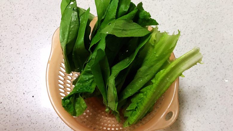 香辣脑花面,把油麦菜清洗干净,用手撕成两段