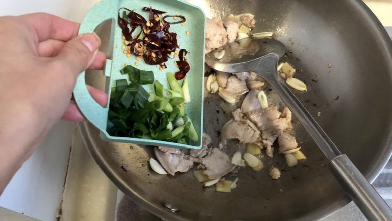 绿叶丛中睡一场➕私房农家小炒肉,加入葱段干辣椒,小火煸香