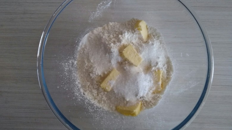 培根香葱咸司康,面粉泡打粉,糖和盐倒入和面盆里,混合均匀再加入<a style='color:red;display:inline-block;' href='/shicai/ 887'>黄油</a>。