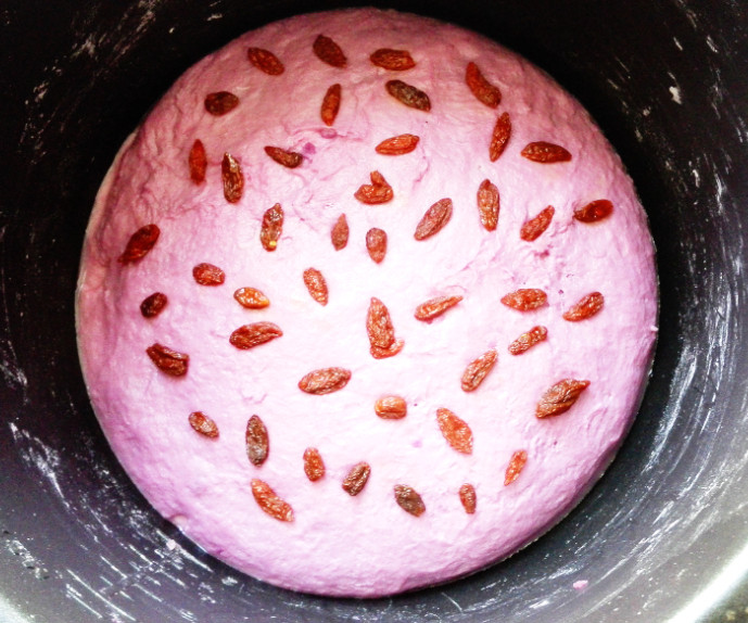 紫薯枸杞发糕（高压锅版）, 2-2.5小时（发酵时间随温度而定，此处仅作参考）后面团发酵为原来的两倍大，在上面撒上洗净枸杞干，轻按到面团上。也可以加入核桃仁，蔓越莓干等其他东西，随个人喜好。之所以发酵好做这步是担心提前放入影响口感。
高压锅通电，关闭气阀，15分钟。