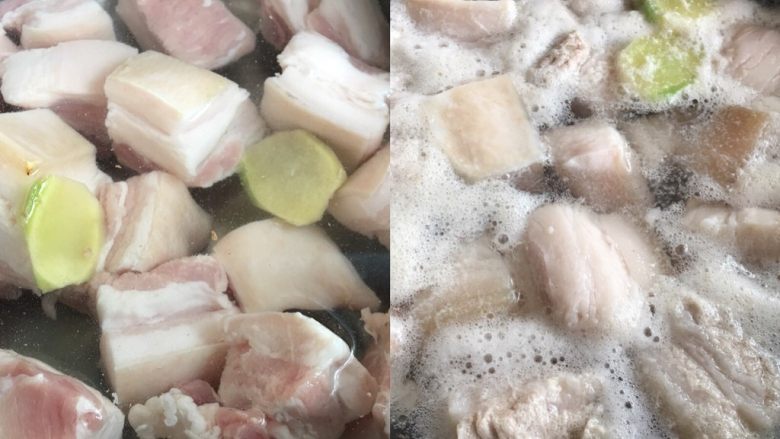 红烧肉,五花肉洗好切成长宽约两三厘米的块状,冷水下锅加几片姜焯一下,去掉浮末沥干水分