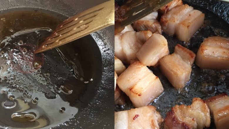红烧肉,锅里加入少许油,加热后放入沥干水的五花肉煸炒至焦黄