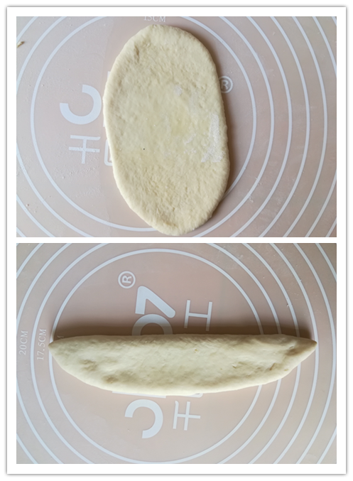 爱心椰蓉面包,10.
擀成牛舌状,左右对折