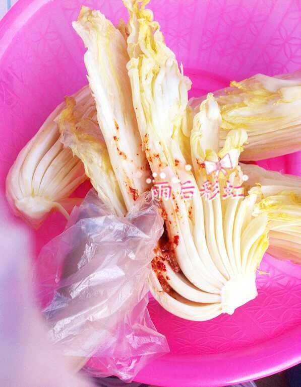 十味 辣白菜,将盆里的大白菜捞出,把多余水分挤干,然后把辣椒面涂抹在白菜的每一个部位