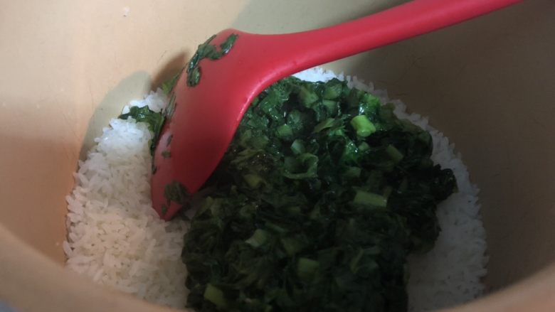 莴苣叶菜饭,饭煮好后,开盖,将炒好的菜叶倒入。