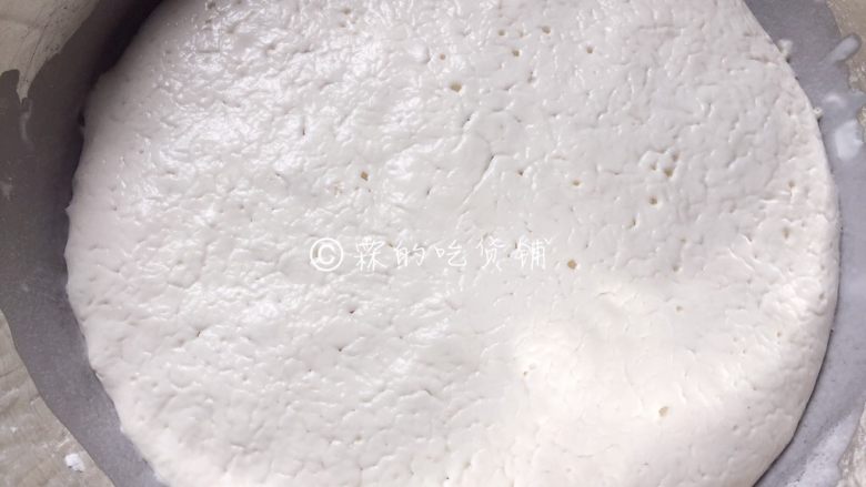 奶香蒸米糕,盖上保鲜膜放在温暖处发酵,发酵至出现小气孔,有原来的两倍大