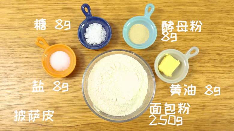 迷你披萨24m+辅食,披萨皮:高筋面粉 250g、黄油 12g、盐 4g、糖 7g、酵母 3g