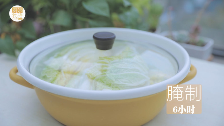 不孤独的部队火锅「厨娘物语」,1颗白菜切成4份洗净,每一片叶子均匀的抹上泡菜盐,腌制脱水6小时以上。(觉得盐比较多难融化可以再撒上一点水)