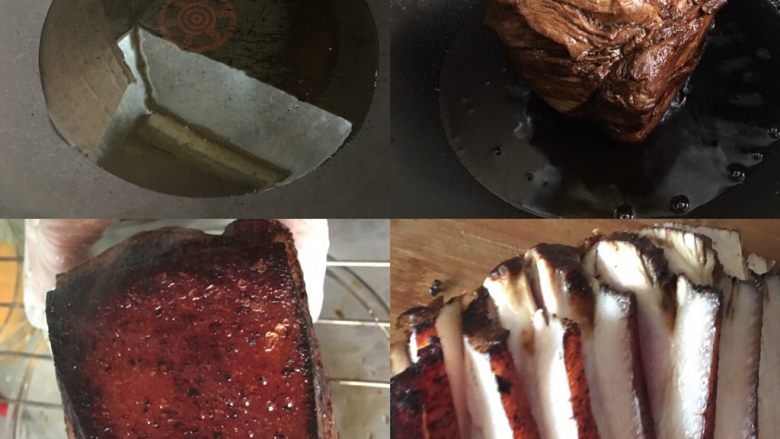 梅菜扣肉,锅里放适量油，没过猪皮就好，烧热放入五花肉，猪皮一侧朝下，盖好锅盖防止油迸溅烫伤，中小火加热约2分钟看一下，图中的有点过，煎成硬脆皮即可，取出放凉切片，从带皮一侧开始切，不要切断，能更好的保持造型^_^