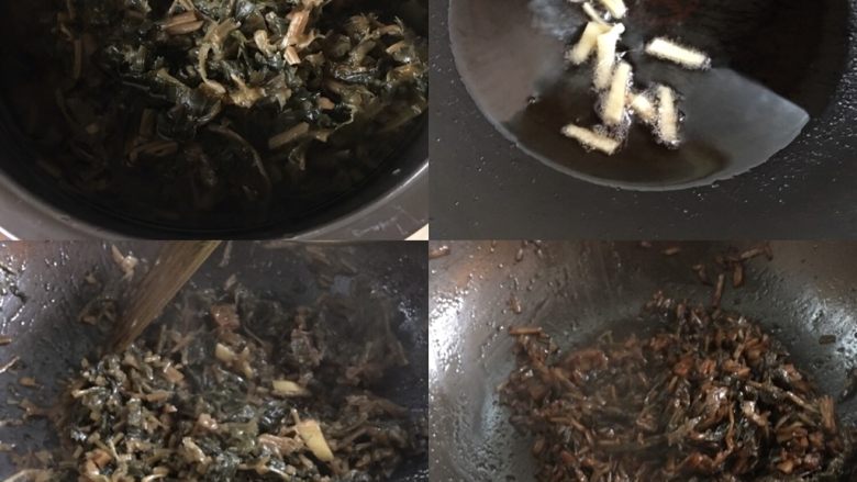 梅菜扣肉,此时可以用煎肉剩下的油炒梅菜，锅里放点姜爆香后加入梅菜炒一下放入适量老抽料汁，最后关火后滴几滴香油