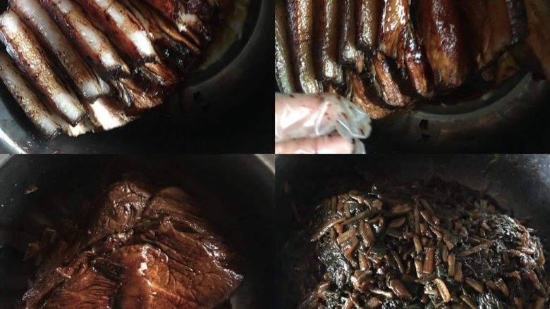 梅菜扣肉,切好的五花肉放入剩余的老抽料汁里，每一片都均匀的涂抹，最后带皮的一端朝下放，四周全部放上梅菜，包裹好，放入蒸锅蒸90分钟左右，高压锅蒸40分钟，不着急吃可以冷却后放冰箱冷藏