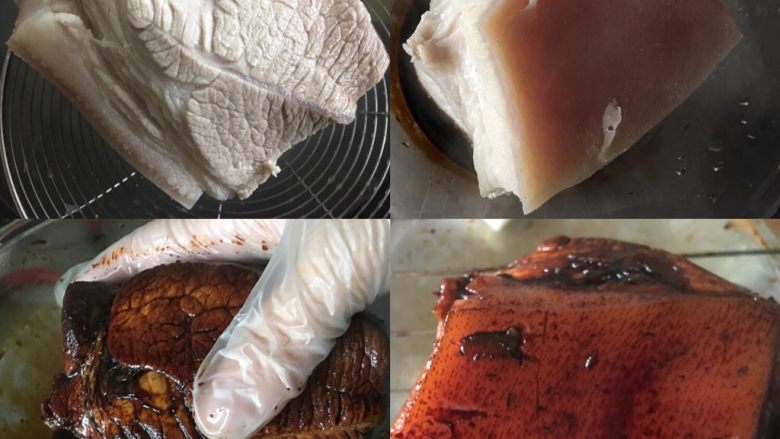 梅菜扣肉,煮好肉取出趁热放入提前备好的<a style='color:red;display:inline-block;' href='/shicai/ 762'>老抽</a>酱油碗里，找个牙签在猪皮上多插一些孔，更好的入味，猪皮一段朝下放，浸泡在<a style='color:red;display:inline-block;' href='/shicai/ 762'>老抽</a>里，肉的四周也涂抹均匀，浸泡10分钟后，猪皮朝上晾干吸收表面的<a style='color:red;display:inline-block;' href='/shicai/ 762'>老抽</a>
