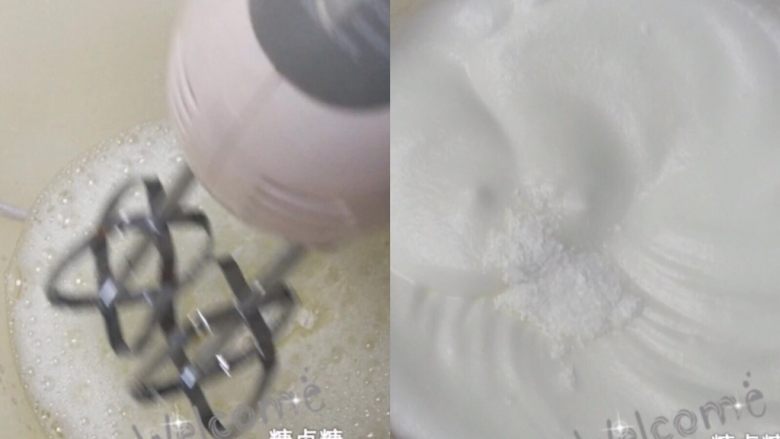 宝宝辅食系列~苹果溶豆,<a style='color:red;display:inline-block;' href='/shicai/ 919'>柠檬汁</a>放进蛋清中开始打发蛋白,砂糖分别分三次加入蛋白内,第一次起大泡时,第二次大泡消失成鱼眼泡时,第三次鱼眼泡消失时~