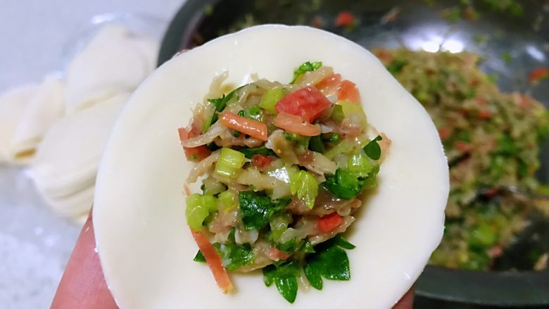 冬吃萝卜夏吃姜,不用医生开处方,胡萝卜白萝卜饺子吃起来,左手拿一个饺子皮,放馅收口。