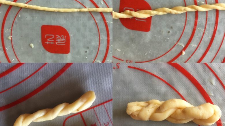 香酥小麻花,搓成细细圆圆的长条,搓的越细口感越酥脆,更容易炸透,太粗容易有软芯,两次对折拧成麻花,捏紧收口部分