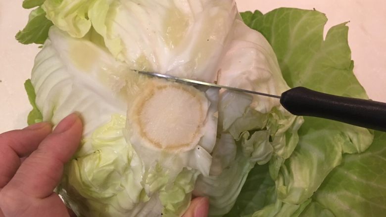 高丽菜卷,在高丽菜根部切割,将高丽菜叶小心的完整的取下