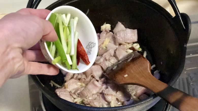 白菜煲➕五花肉白菜炖豆腐,下姜丝蒜末八角,小火煸香,再加入葱白干辣椒小火煸香